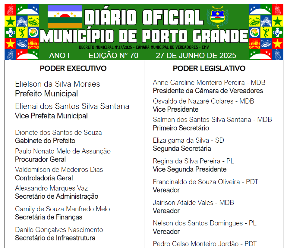 DIÁRIO OFICIAL - EDIÇÃO N° 70 - 27 DE JUNHO DE 2025